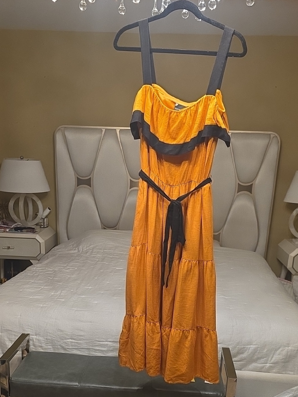 Maison Tara Pale Orange Midi Dress with Black Trim and Straps Viscose-Linen 16